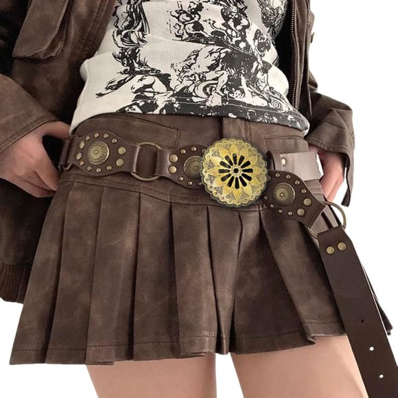 Women Vintage Leather Belt Western Disc Waist Belts Y2k Cowgirl Rivet Concho🤪 - Picture 2 of 6